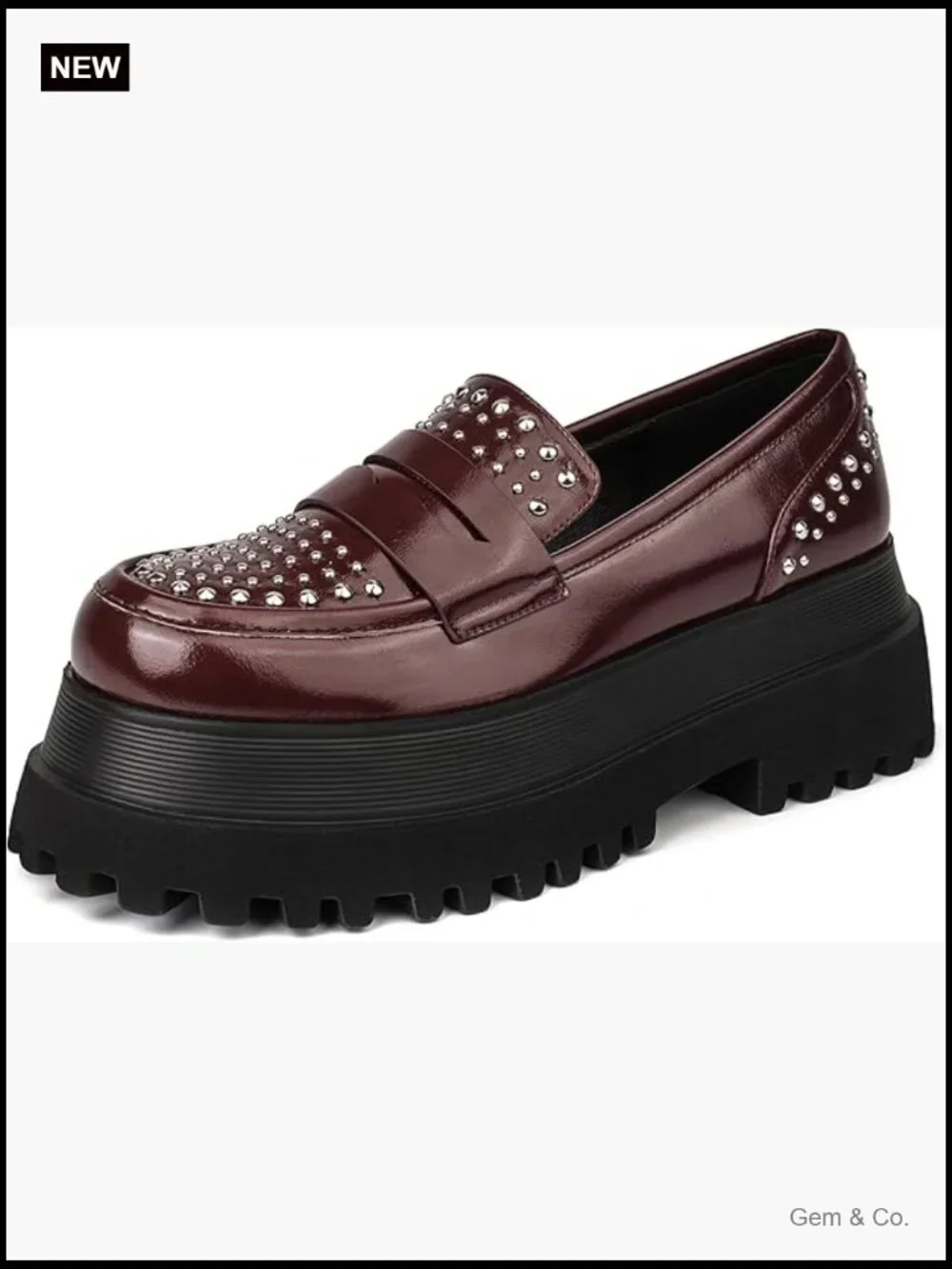 Chunky Studded Lug Sole Platform Loafers, Patent Penny Loafers Slip-On Flats